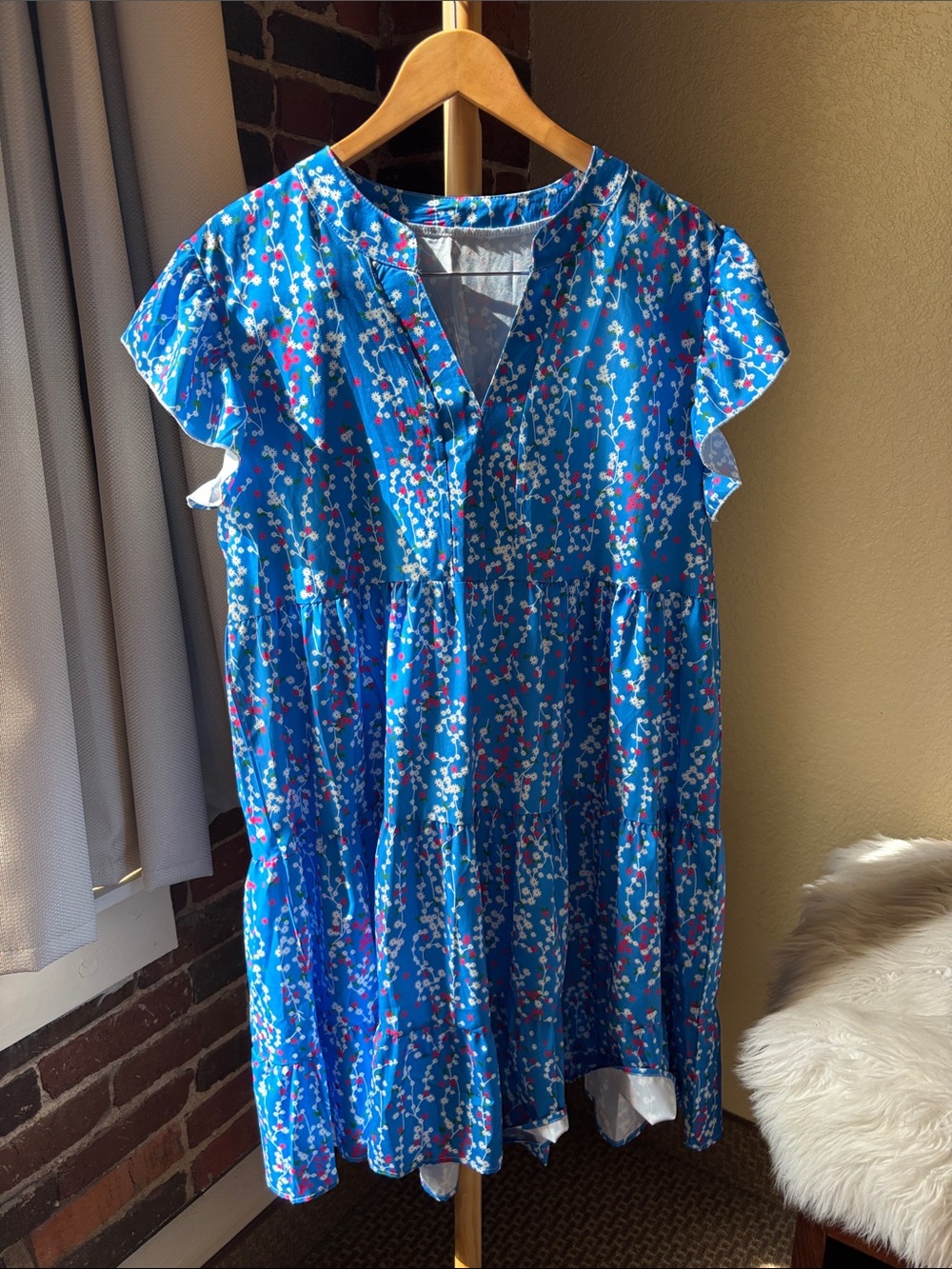 Blue Floral Mini Dress - Lightweight Tiered Short Dress Size L